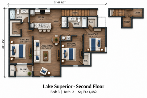 Floor plan for 3 beds, 2 baths, 1482 sqft